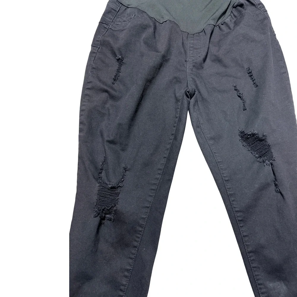SONG Maternity Pants XL Black Distressed Straight Ankle Over Belly Frayed Hems